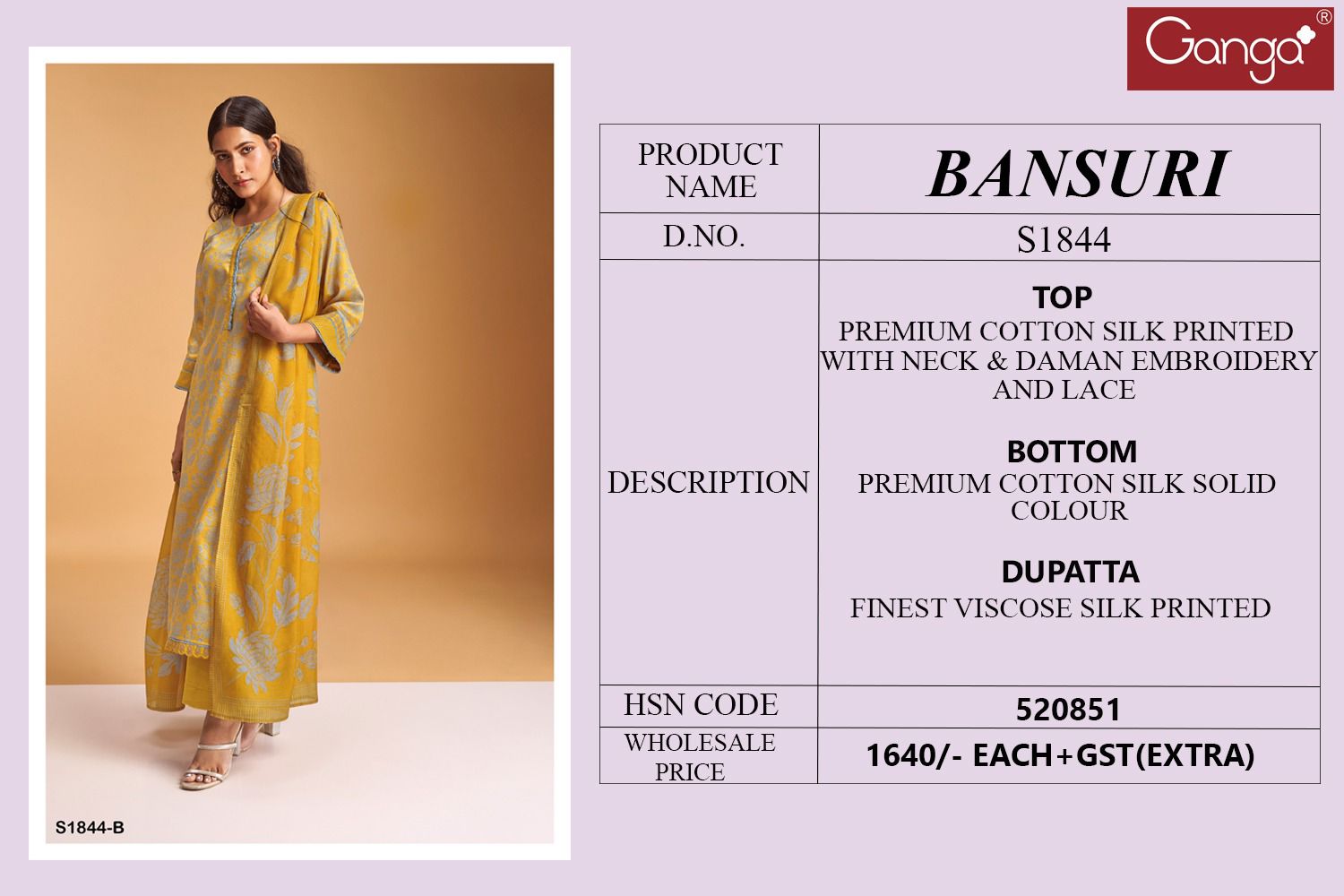 Bansuri 1844 By Ganga Printed Salwar Suits Catalog